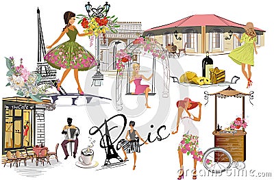 Set of Paris illustrations with fashion girls, cafes and musicians. Vector Illustration